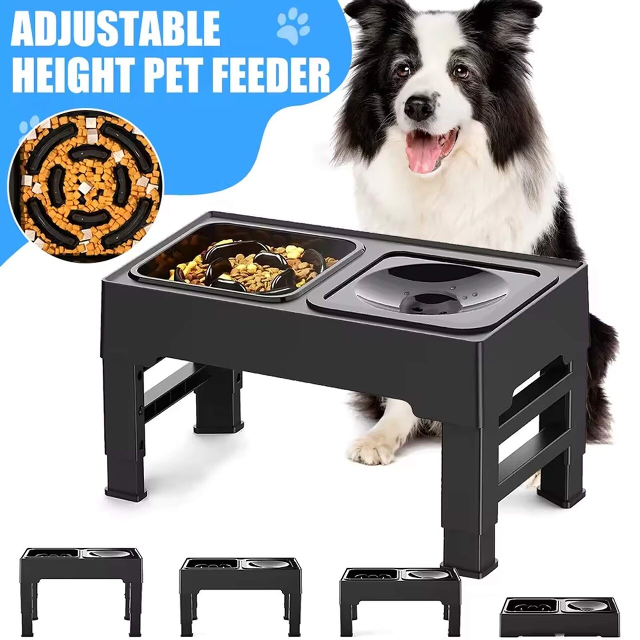 Adjustable Elevated Dog Feeder 4 Heights Spill Proof Slow Pet Feeding Bowl 10.43"x10.43"x3.54"